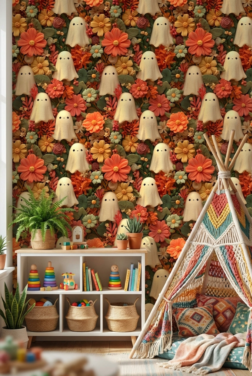 Ghosts Wallpaper Flowers Whimsical Decorative Mural