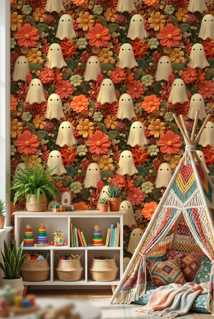 Ghosts Wallpaper Flowers Whimsical Decorative Mural