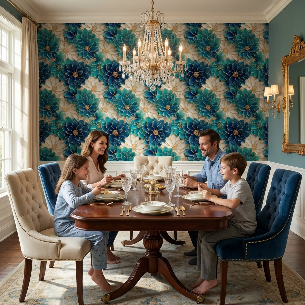 Floral Glam Wallpaper Blue Abstract Decorative Mural