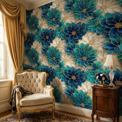Floral Glam Wallpaper Blue Abstract Decorative Mural