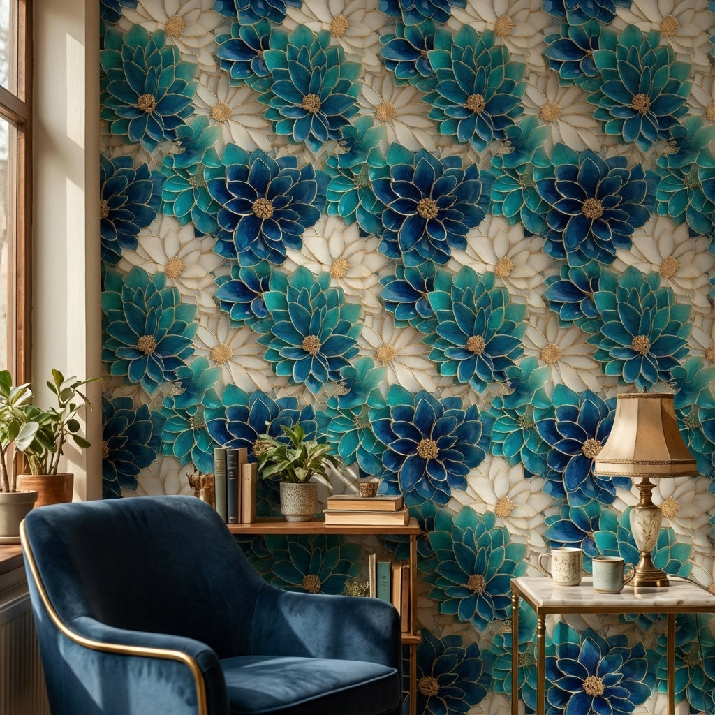 Floral Glam Wallpaper Blue Abstract Decorative Mural