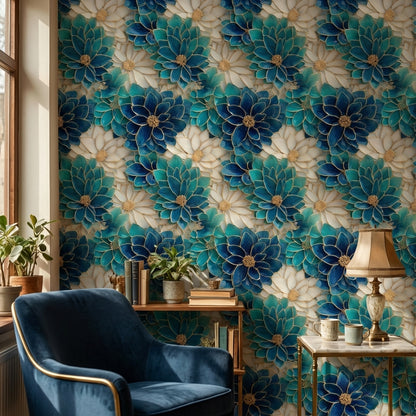 Floral Glam Wallpaper Blue Abstract Decorative Mural