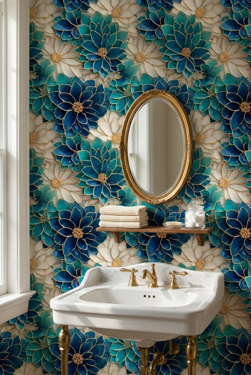 Floral Glam Wallpaper Blue Abstract Decorative Mural