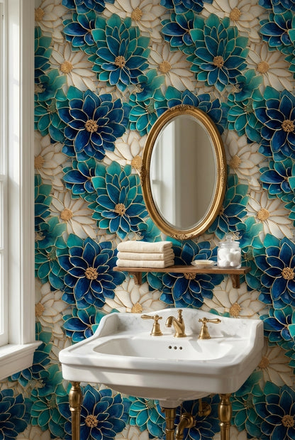 Floral Glam Wallpaper Blue Abstract Decorative Mural