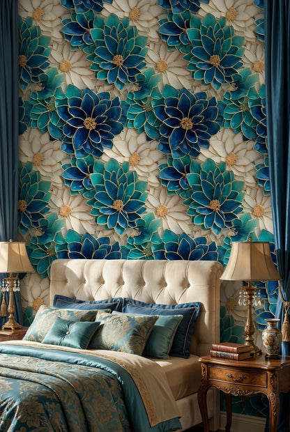 Floral Glam Wallpaper Blue Abstract Decorative Mural