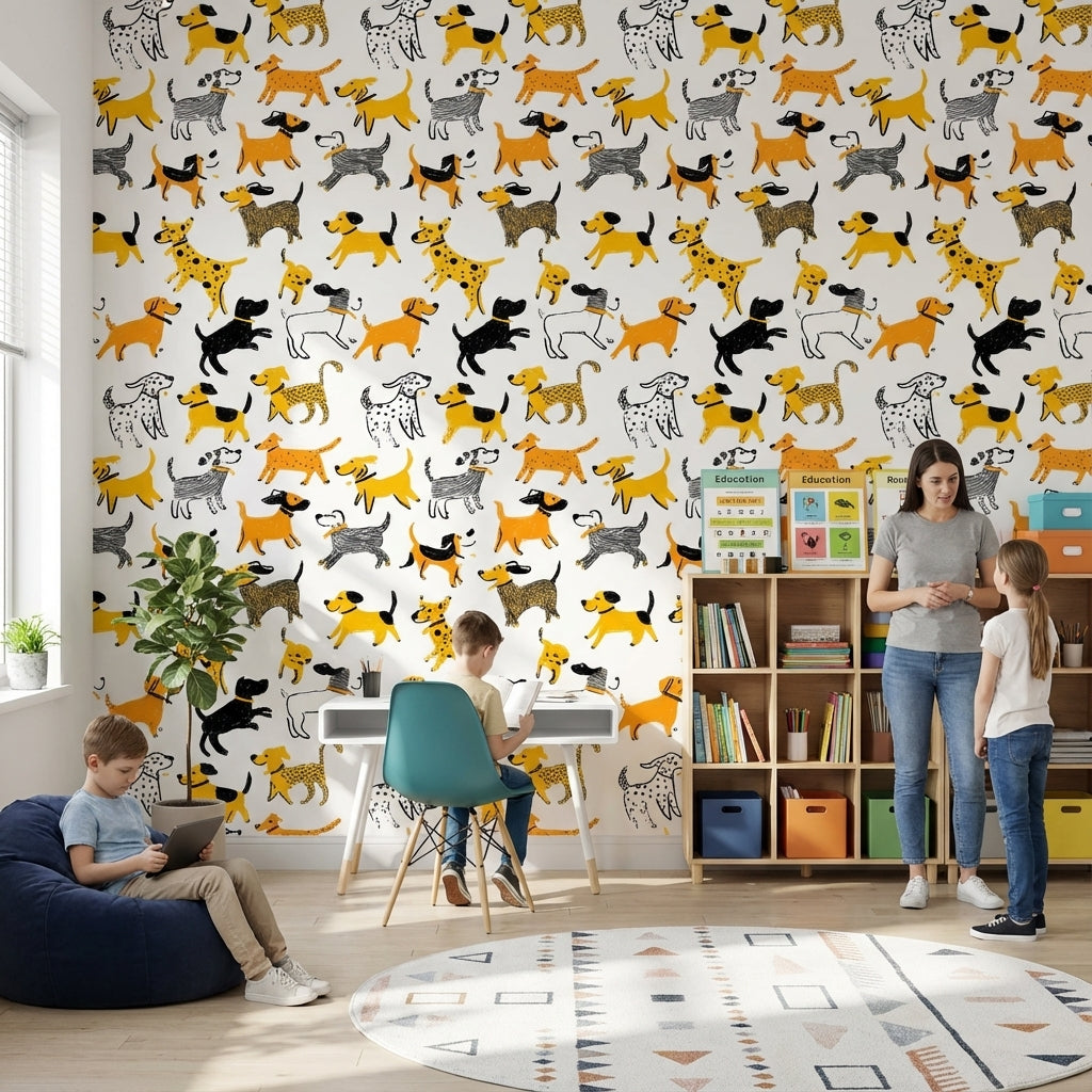 Abstract Pattern Wallpaper Dogs Playful Decorative Mural