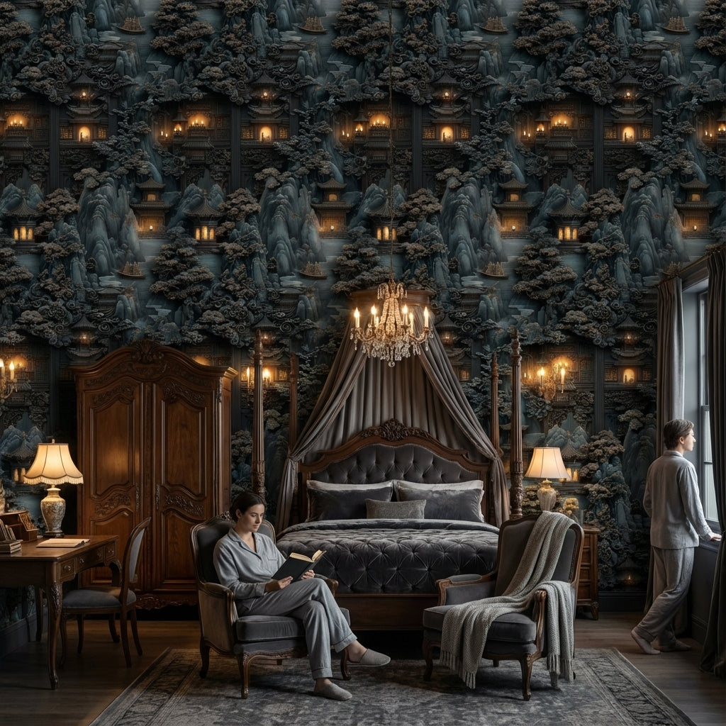 Oriental Landscape Wallpaper Mystical Pagoda Decorative Mural