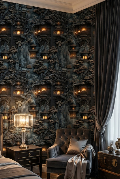 Oriental Landscape Wallpaper Mystical Pagoda Decorative Mural