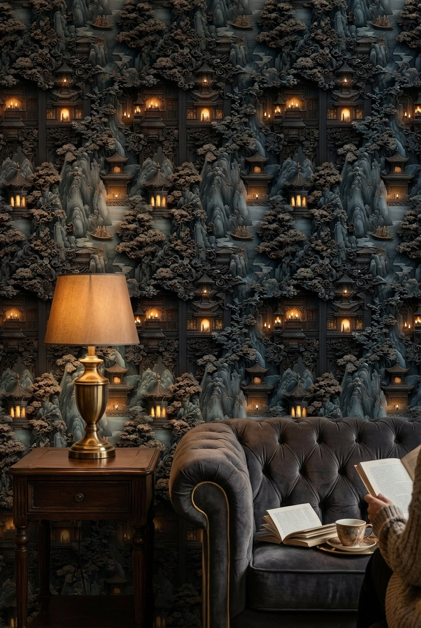 Oriental Landscape Wallpaper Mystical Pagoda Decorative Mural