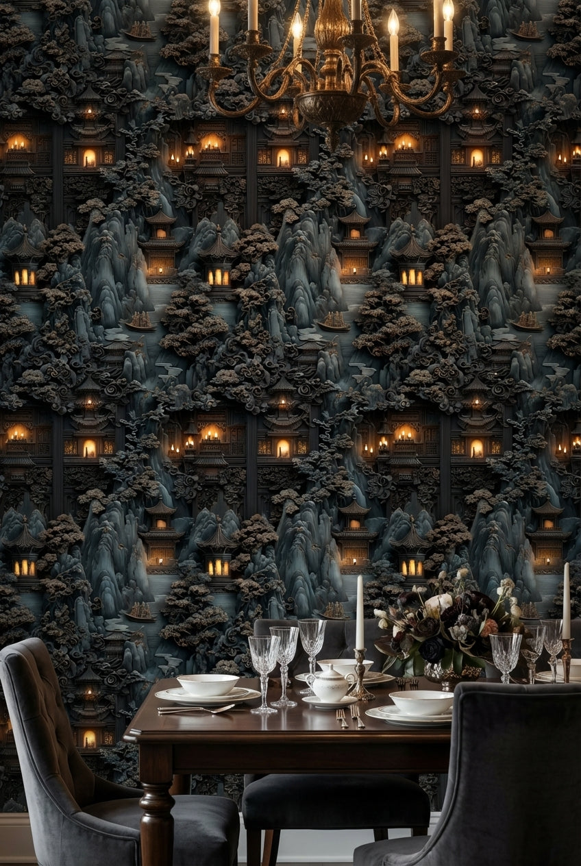 Oriental Landscape Wallpaper Mystical Pagoda Decorative Mural