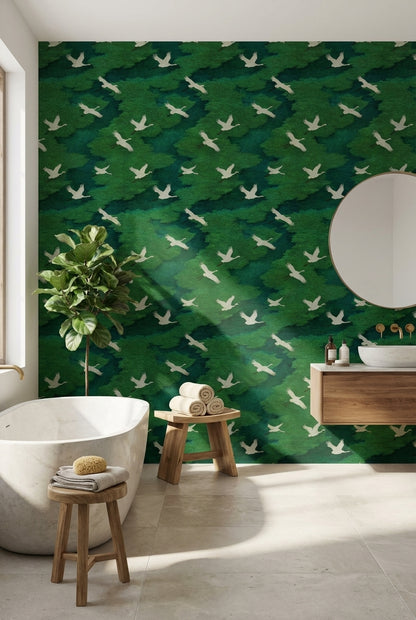 Cranes Wallpaper Green Nature Decorative Mural