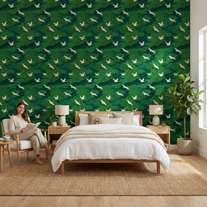 Cranes Wallpaper Green Nature Decorative Mural