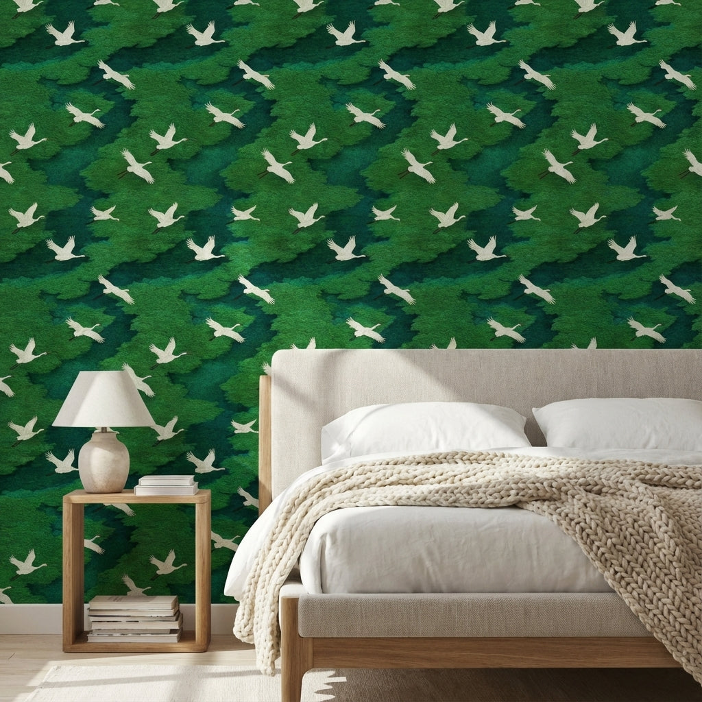 Cranes Wallpaper Green Nature Decorative Mural