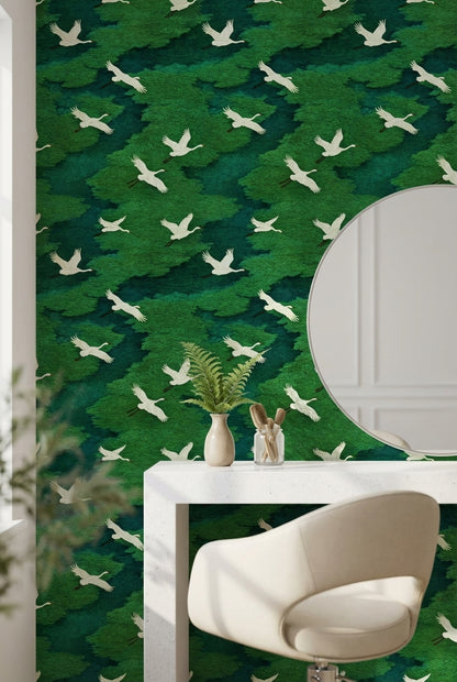 Cranes Wallpaper Green Nature Decorative Mural