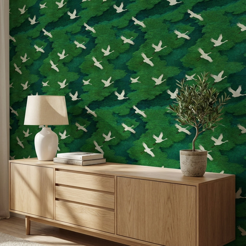 Cranes Wallpaper Green Nature Decorative Mural