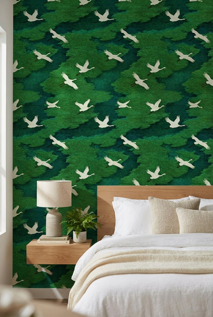 Cranes Wallpaper Green Nature Decorative Mural