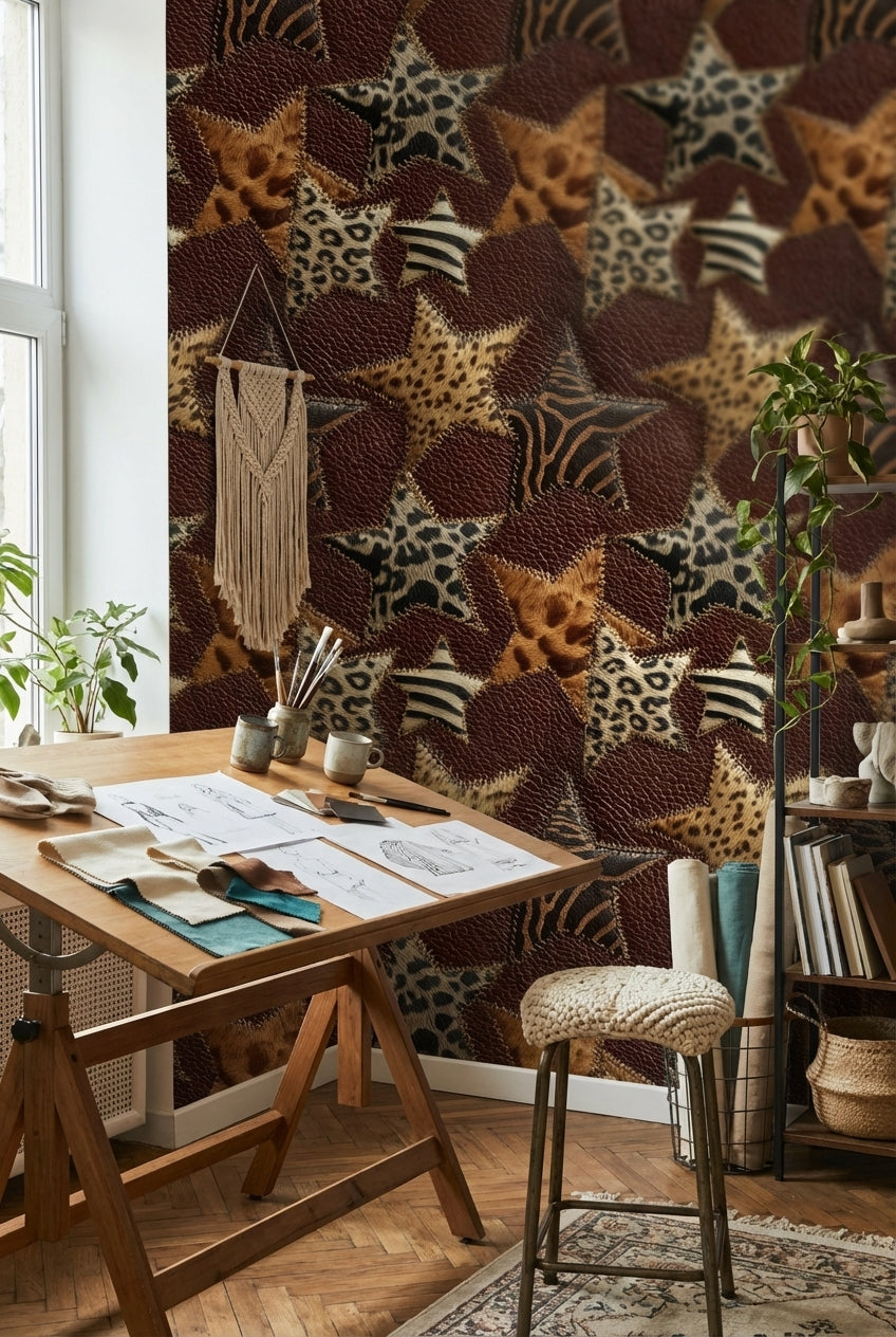 Animal Print Wallpaper Patchwork Stars Decorative Mural