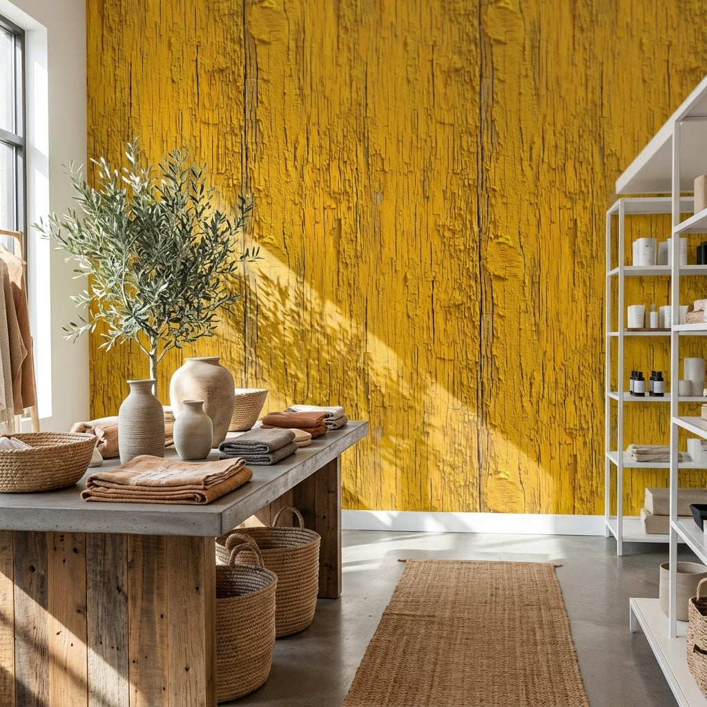 Rustic Wood Wallpaper Yellow Industrial Decorative Mural