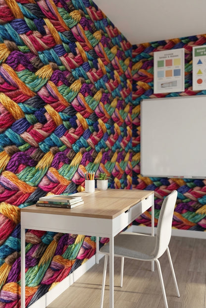 Multicolor Woven Wallpaper Threads Vibrant Decorative Mural