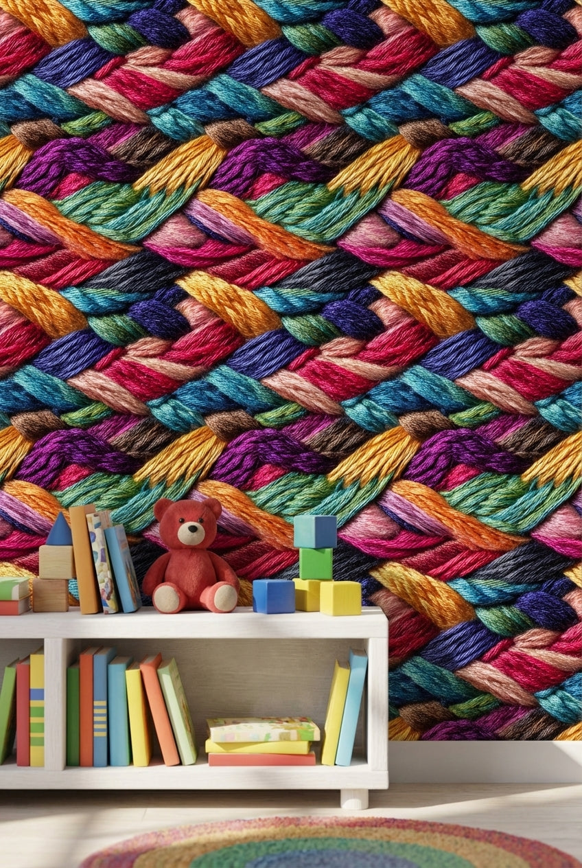 Multicolor Woven Wallpaper Threads Vibrant Decorative Mural