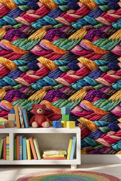 Multicolor Woven Wallpaper Threads Vibrant Decorative Mural