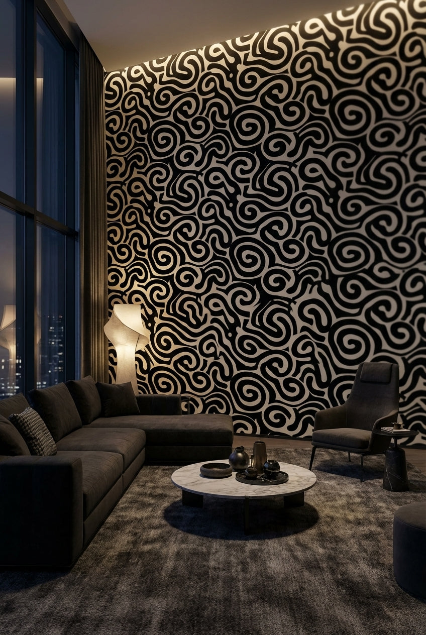 Abstract Pattern Wallpaper Spiral Black White Decorative Mural