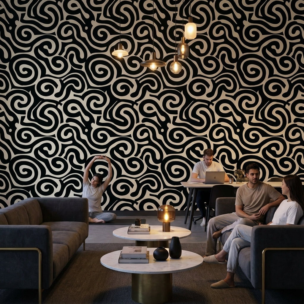 Abstract Pattern Wallpaper Spiral Black White Decorative Mural