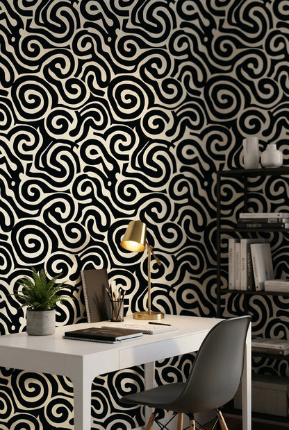 Abstract Pattern Wallpaper Spiral Black White Decorative Mural