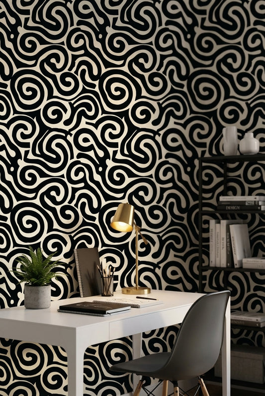 Abstract Pattern Wallpaper Spiral Black White Decorative Mural