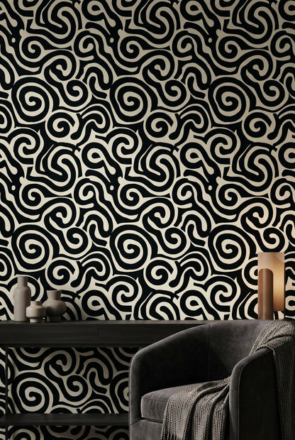 Abstract Pattern Wallpaper Spiral Black White Decorative Mural