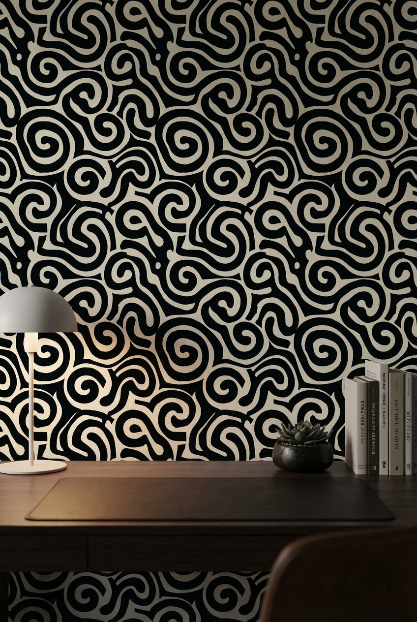 Abstract Pattern Wallpaper Spiral Black White Decorative Mural