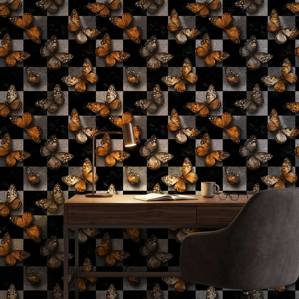 Butterflies Wallpaper Checkered Modern Decorative Mural