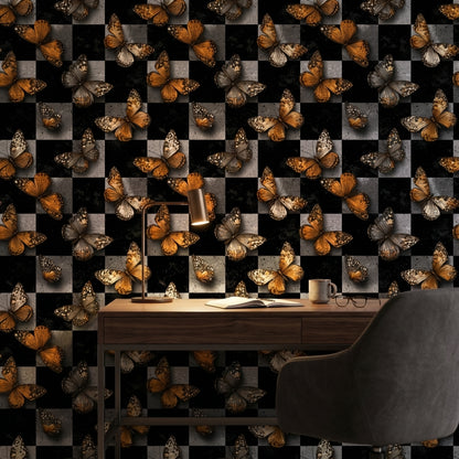 Butterflies Wallpaper Checkered Modern Decorative Mural