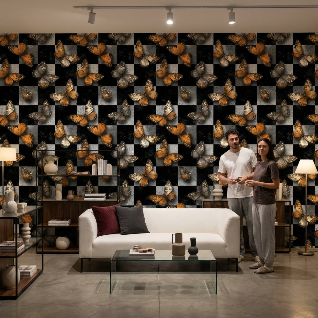 Butterflies Wallpaper Checkered Modern Decorative Mural