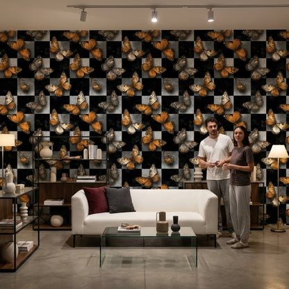 Butterflies Wallpaper Checkered Modern Decorative Mural