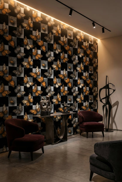 Butterflies Wallpaper Checkered Modern Decorative Mural
