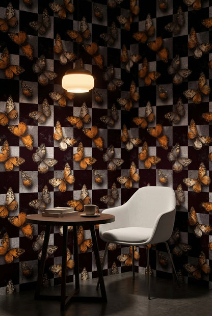 Butterflies Wallpaper Checkered Modern Decorative Mural