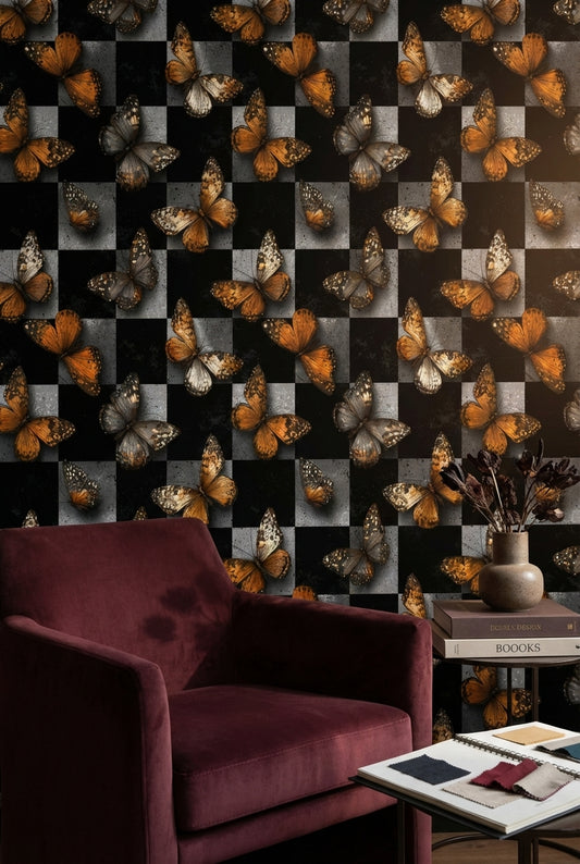 Butterflies Wallpaper Checkered Modern Decorative Mural