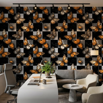 Butterflies Wallpaper Checkered Modern Decorative Mural
