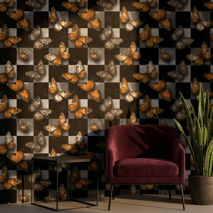 Butterflies Wallpaper Checkered Modern Decorative Mural