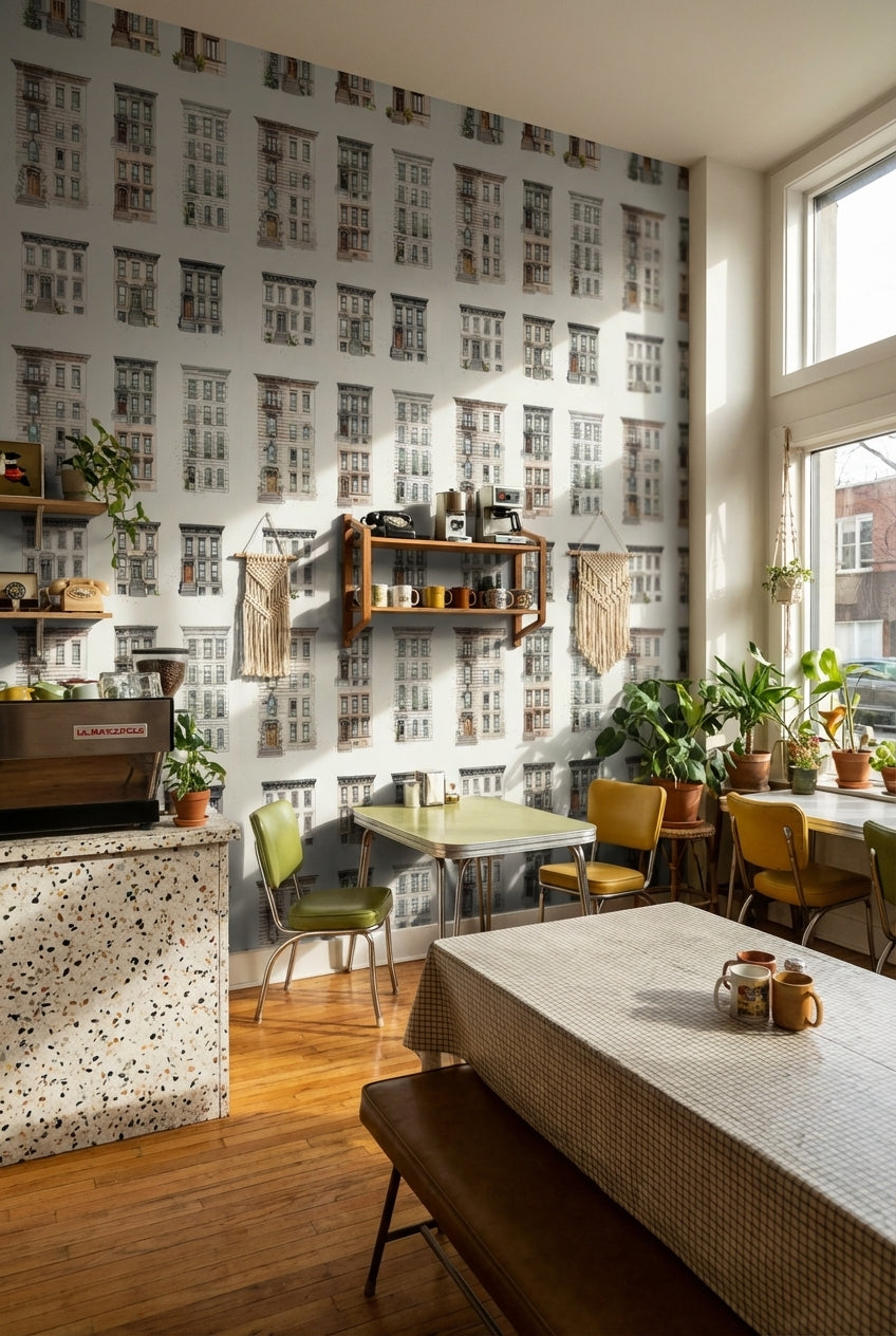 White Historic Brownstone Architectural Wallpaper