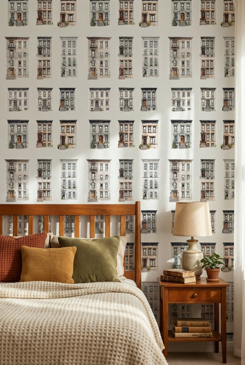 White Historic Brownstone Architectural Wallpaper