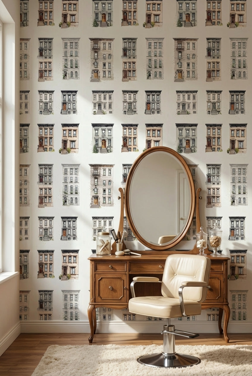 White Historic Brownstone Architectural Wallpaper