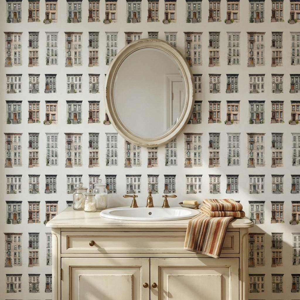 White Historic Brownstone Architectural Wallpaper