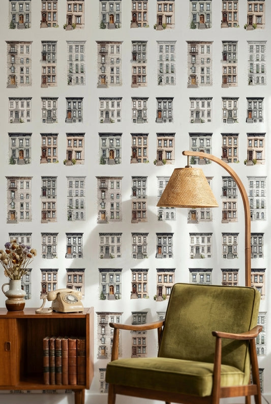 White Historic Brownstone Architectural Wallpaper