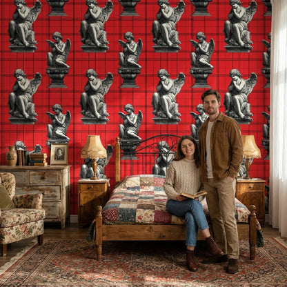 Angelic Statues Wallpaper Red Plaid Eclectic Decorative Mural