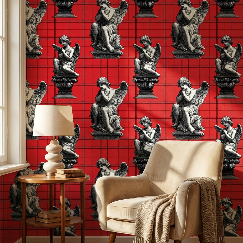Angelic Statues Wallpaper Red Plaid Eclectic Decorative Mural