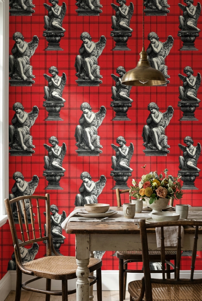 Angelic Statues Wallpaper Red Plaid Eclectic Decorative Mural