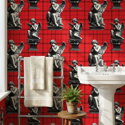 Angelic Statues Wallpaper Red Plaid Eclectic Decorative Mural