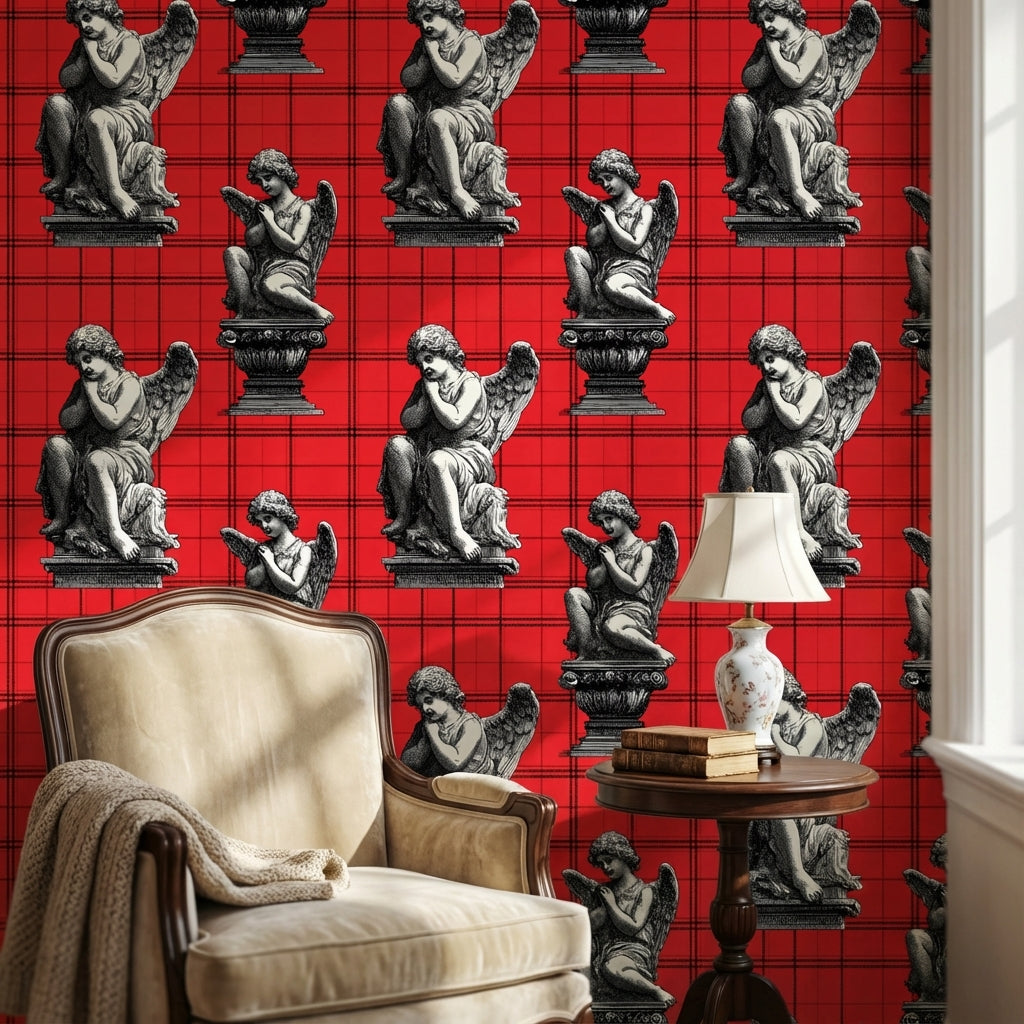 Angelic Statues Wallpaper Red Plaid Eclectic Decorative Mural